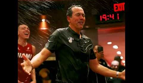 'FOR WHAT!?' ð¤£ Coach Spo gets water bottle bath for surpassing 800 career wins (via @MiamiHEAT/X)