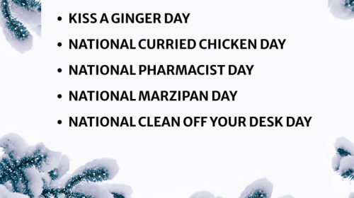 JANUARY 12, 2026 | KISS A GINGER DAY | NATIONAL CURRIED CHICKEN DAY | NATIONAL PHARMACIST DAY | NATIONAL MARZIPAN DAY | NATIONAL CLEAN OFF YOUR DESK DAY
